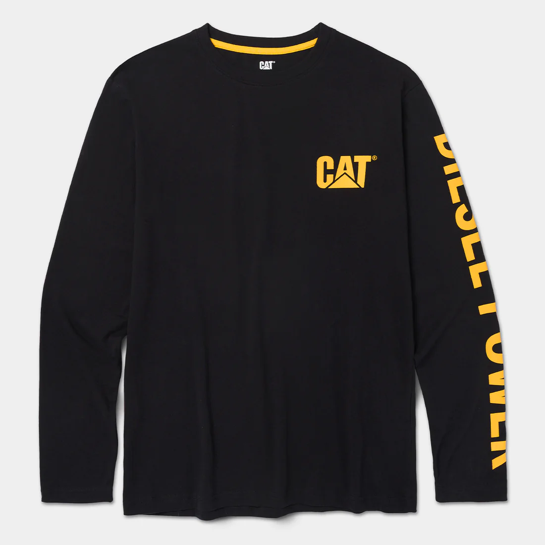 CAT Diesel Power Long Sleeve T-Shirt for men in black with front chest logo and sleeve graphic