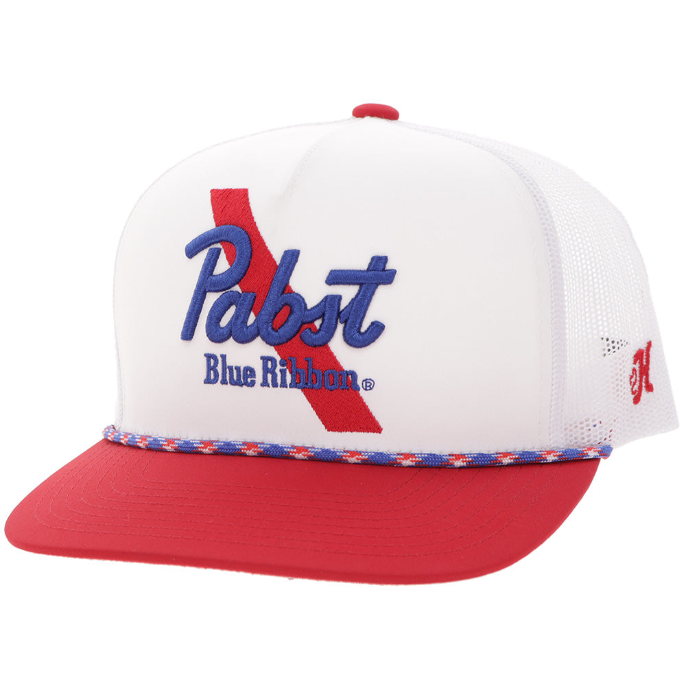 Hooey x Pabst Blue Ribbon White Red Hat front angled view with blue logo and red bill