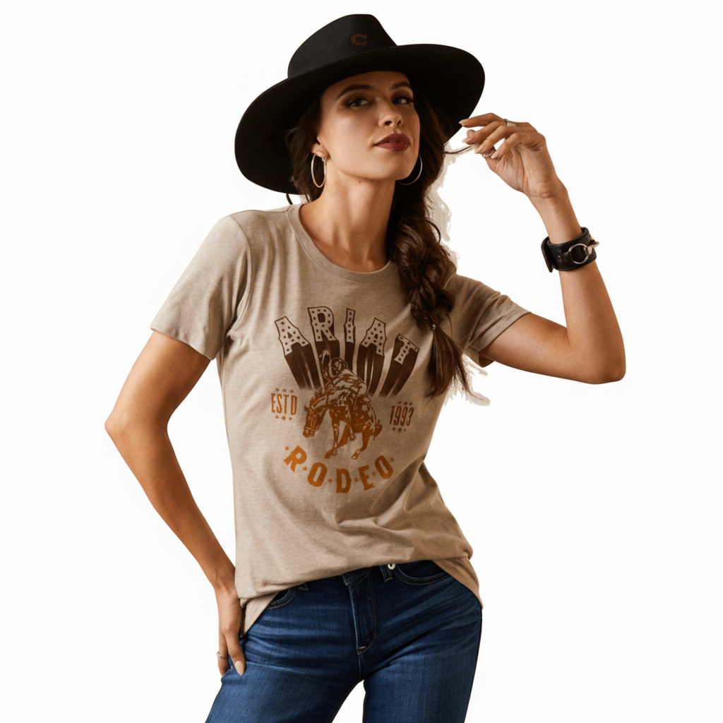 Ariat Vintage Rodeo T-Shirt angled front view on model in beige