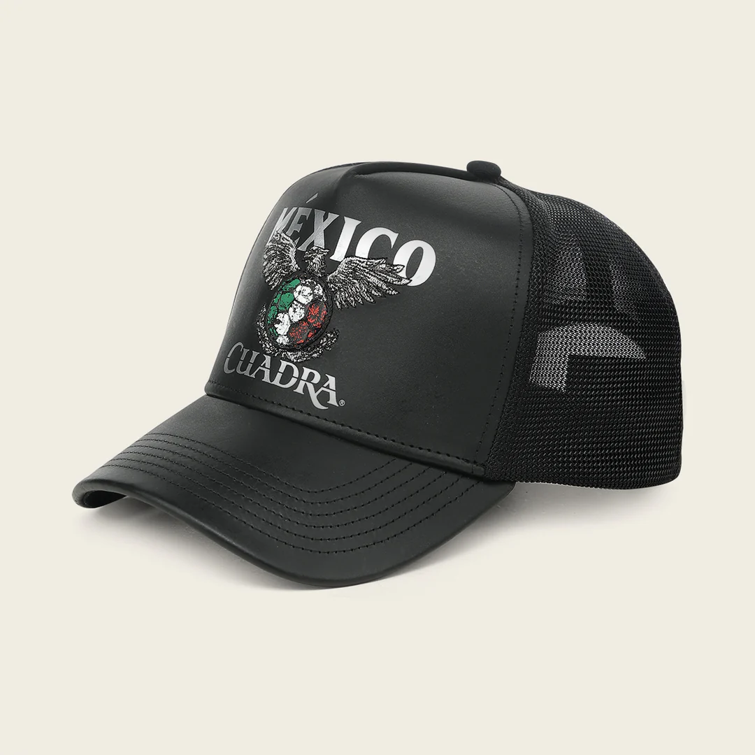 Cuadra Limited Edition 2026 Mexico Trucker Cap front angled view in black with embroidered front detail