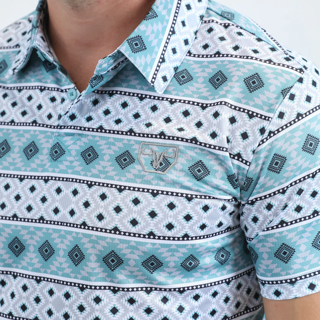 Mens Performance Fabric Modern Fit Stretch Aztec Print Blue Polo