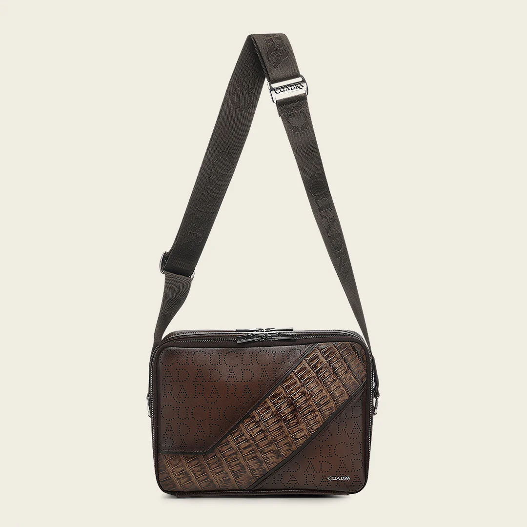 Full view of Cuadra Brown Caiman Zipper Bag with adjustable shoulder strap