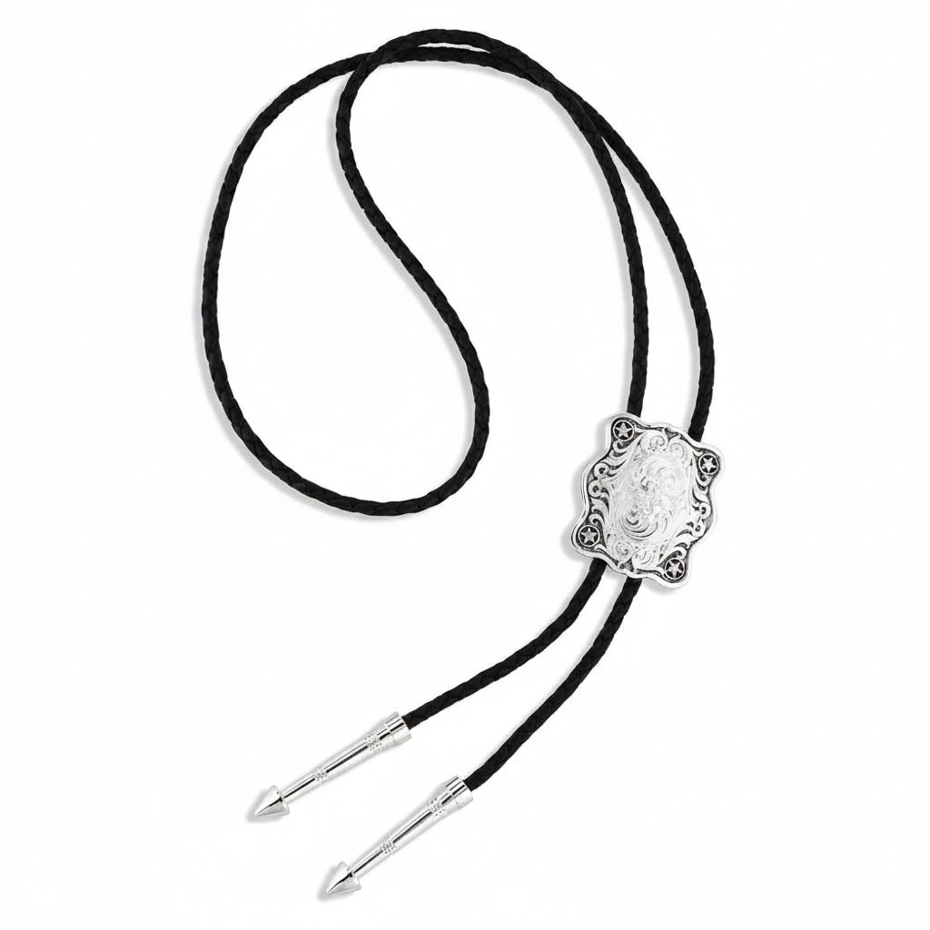 Montana Silversmiths Scalloped Square Bolo Tie laid out with silver tips and cord detail