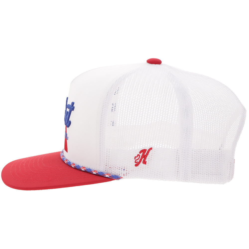 Hooey x Pabst Blue Ribbon White Red Hat side view in white and red