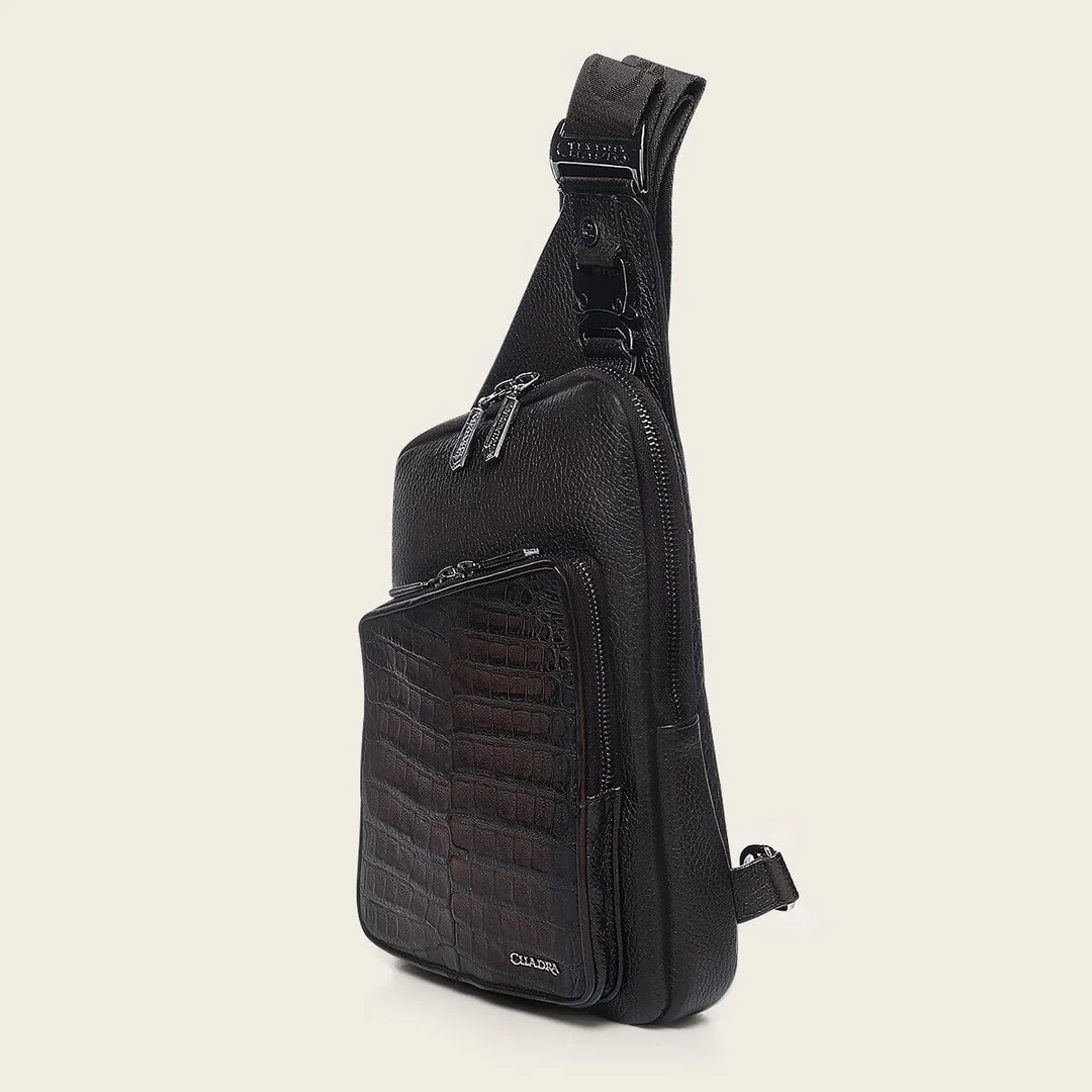 Cuadra Men’s Chocolate Caiman Zipper Bag angled side view with strap