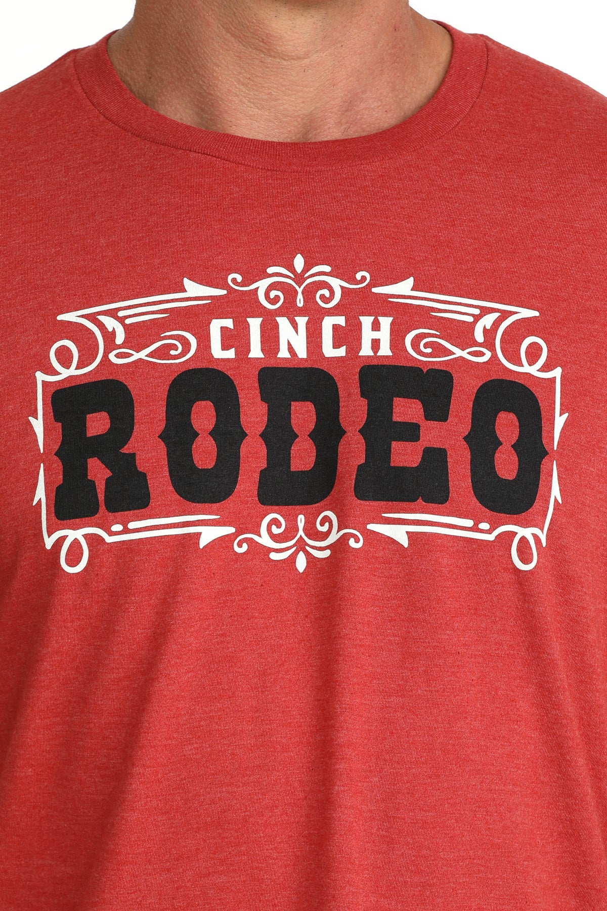 Close-up of Cinch Men’s Short Sleeve Rodeo Tee chest graphic in red
