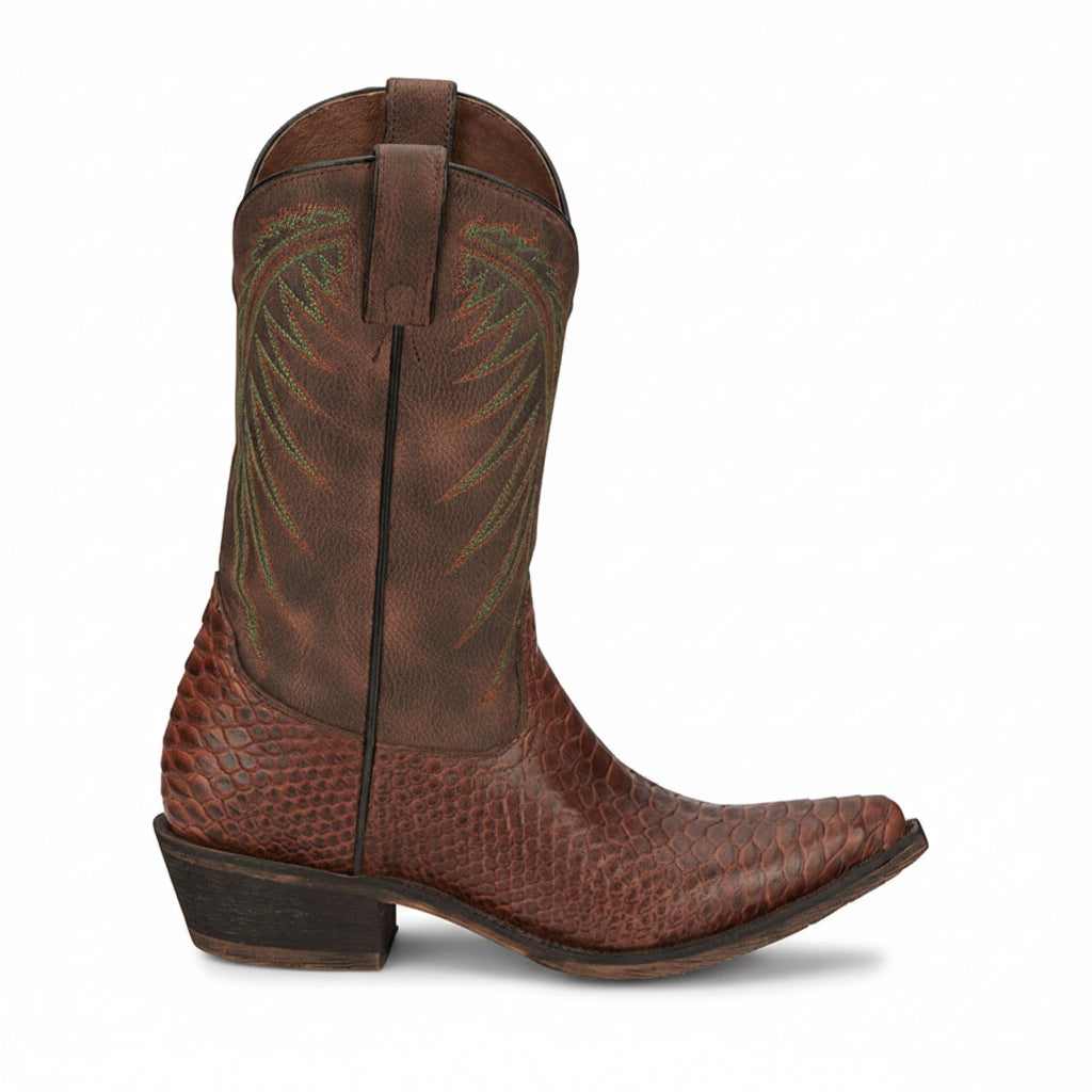 Nocona Carlita Cognac Snake Print Snip Toe Boots side profile in brown with stitched shaft