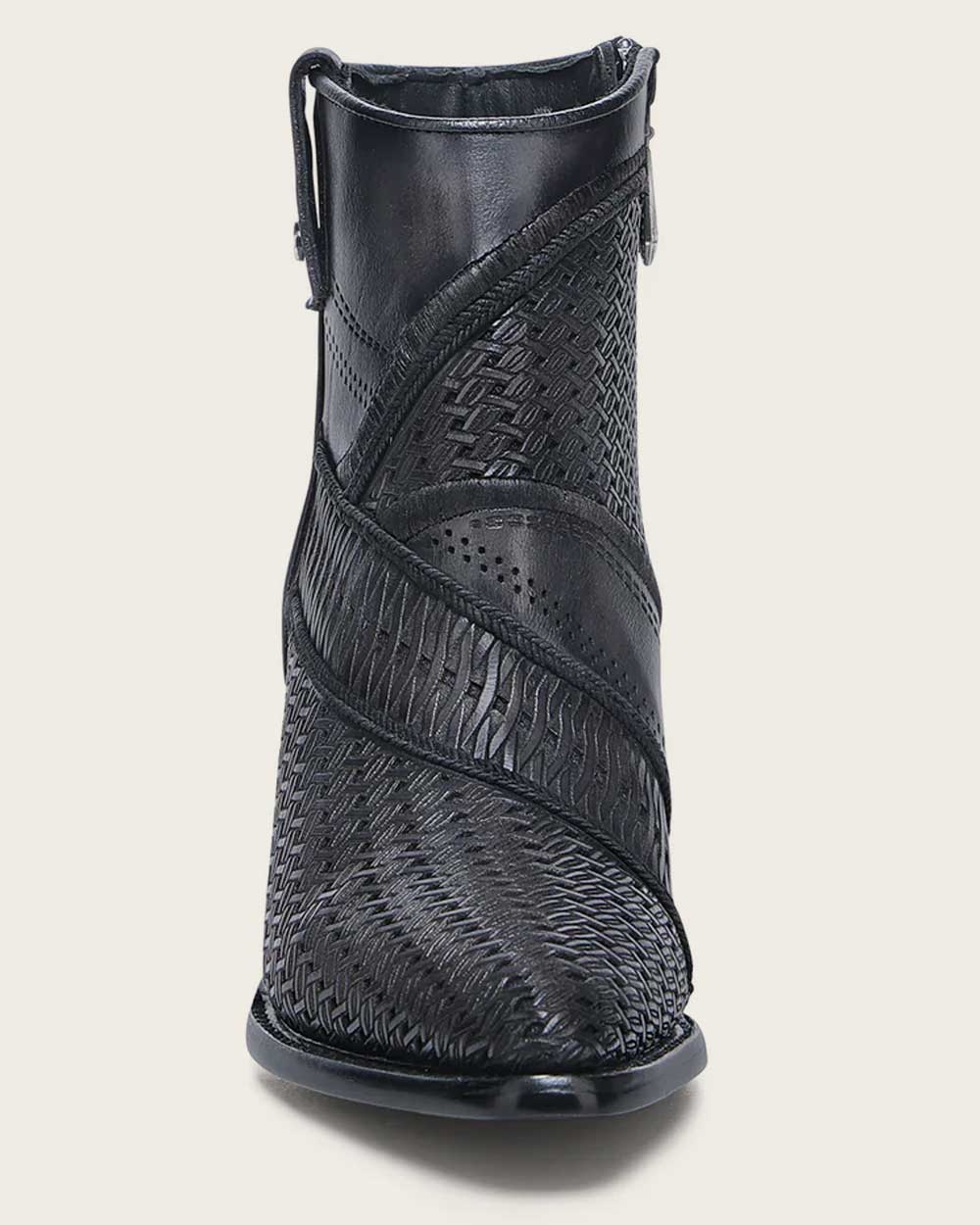 Botín Oxford de punta redonda con láser, bordado, tachuelas y cremallera