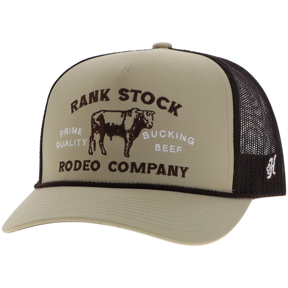 Hooey Rank Stock Tan Brown Stitching Hat front angled view in tan and brown with patch logo