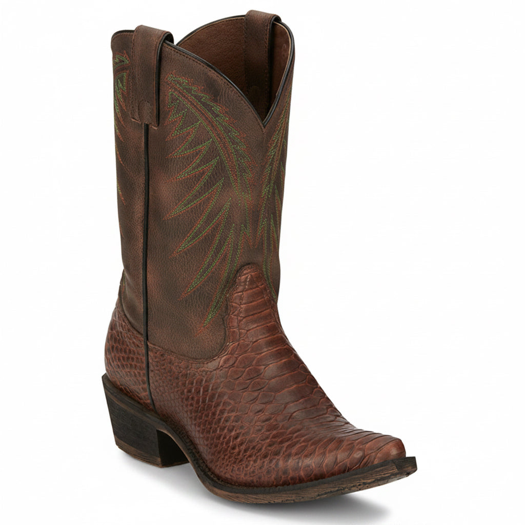Nocona Carlita Cognac Snake Print Snip Toe Boots angled side view in brown leather