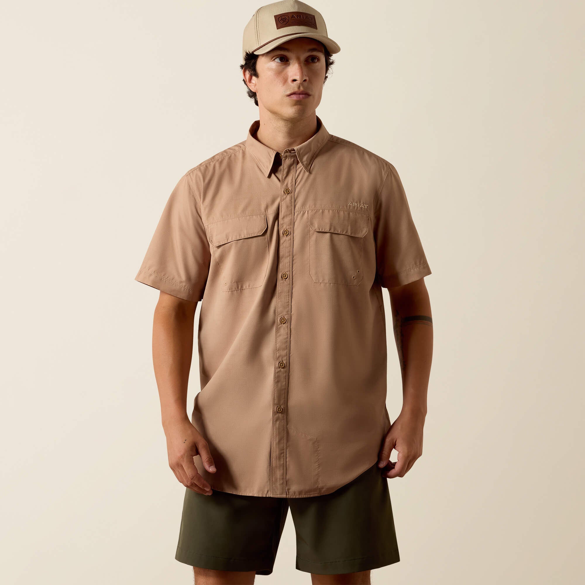 Ariat Printed VentTEK Outbound Fitted Shirt front view on model in tan print
