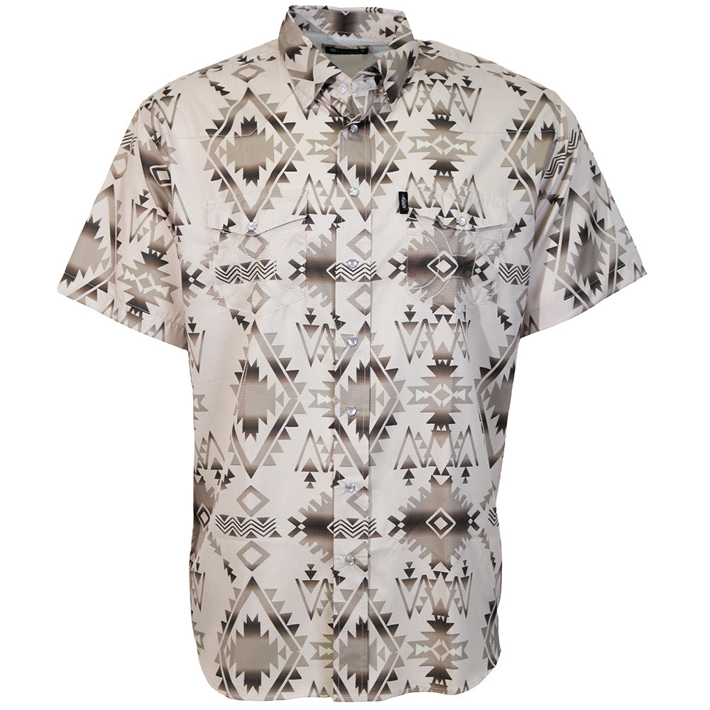 Hooey Sol Short Sleeve Pearl Snap Shirt front view in tan Aztec print