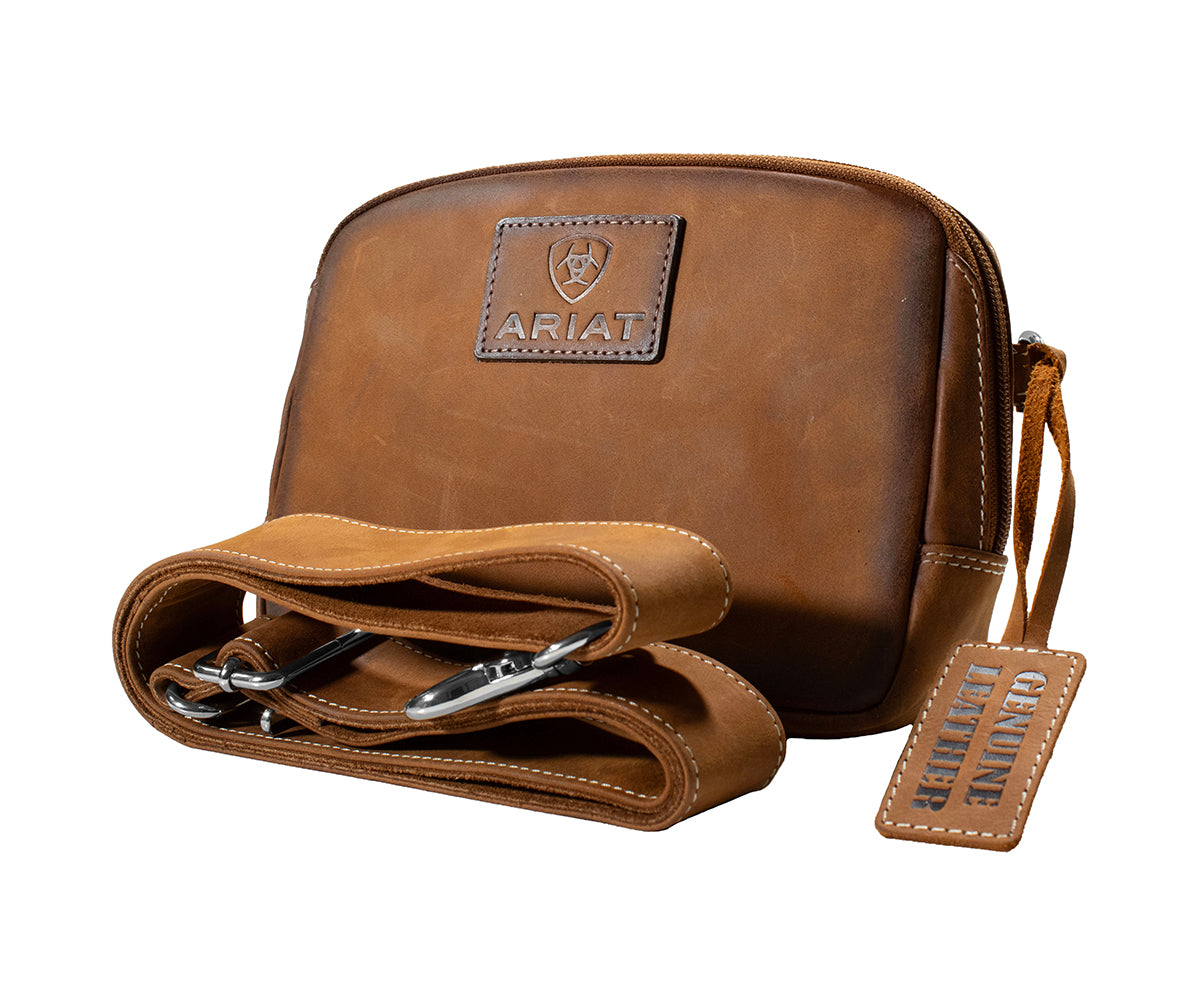 Angled front view of Ariat Gwen Brown Style Belt Bag showing front patch detail