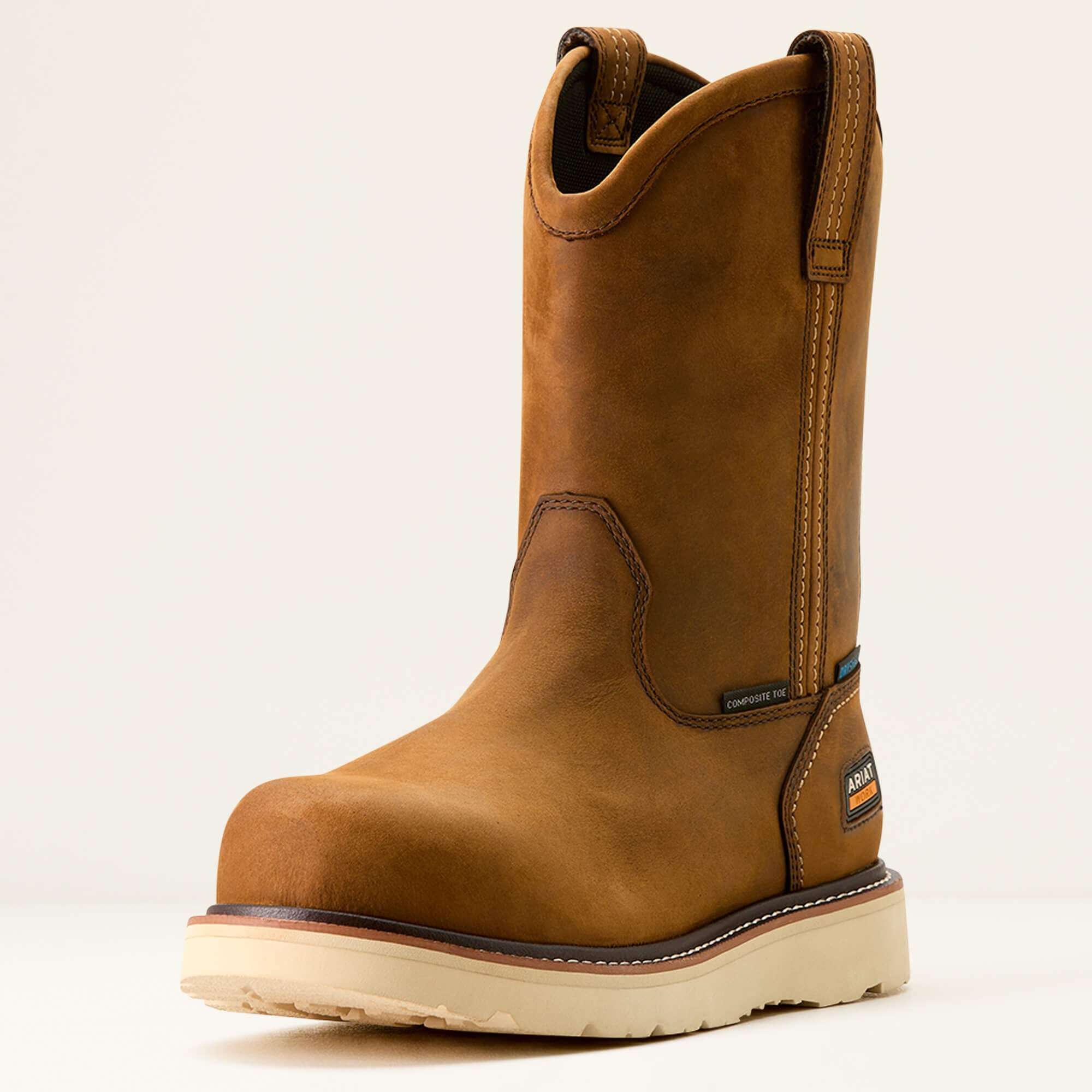 Ariat Rebar Wedge Pull-On Waterproof Composite Toe Work Boot angled front view in brown leather