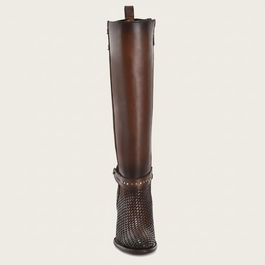 Front profile of Cuadra Tall Stylish Honey Boot in brown leather
