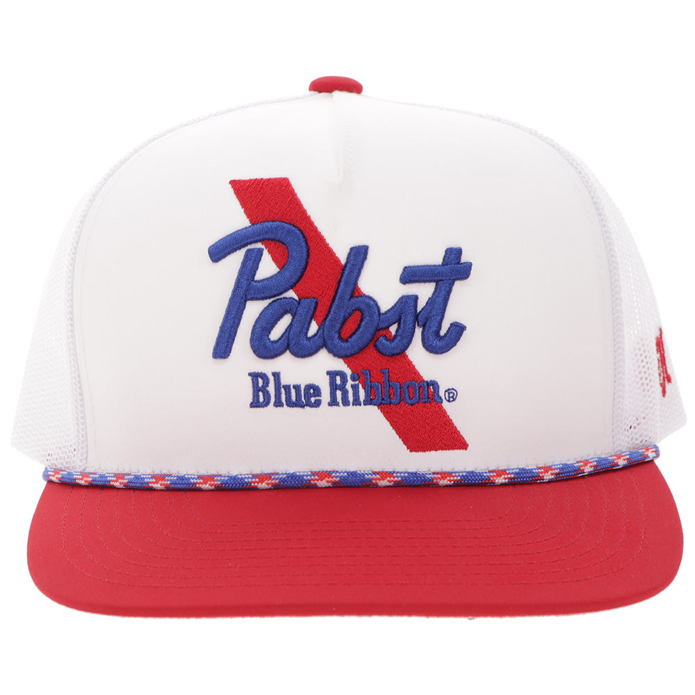 Hooey x Pabst Blue Ribbon White Red Hat front view with embroidered logo