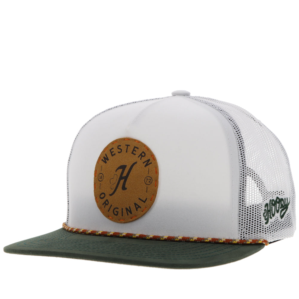 Hooey Spur White Leather Patch Hat front angled view in white with brown leather patch and green brim