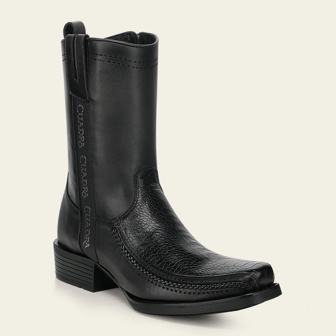 Angled front view of Cuadra Black Ostrich Leg Narrow Square Toe Boot in black