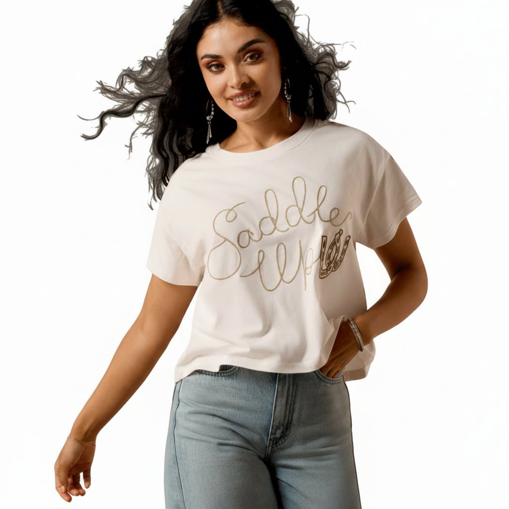 Ariat Saddle Up T-Shirt front view on model in cream