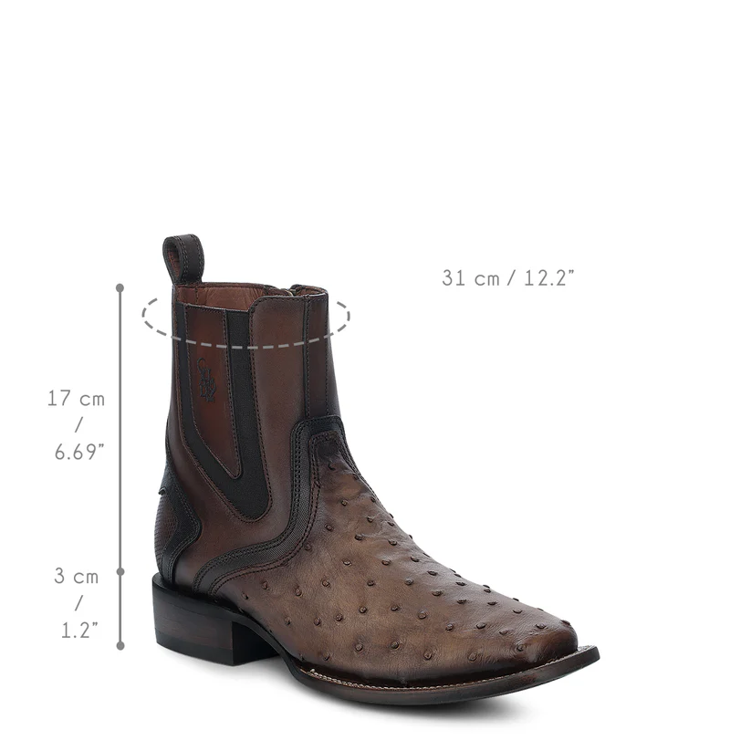 Brown Ostrich Zipper & Elastic Square Toe