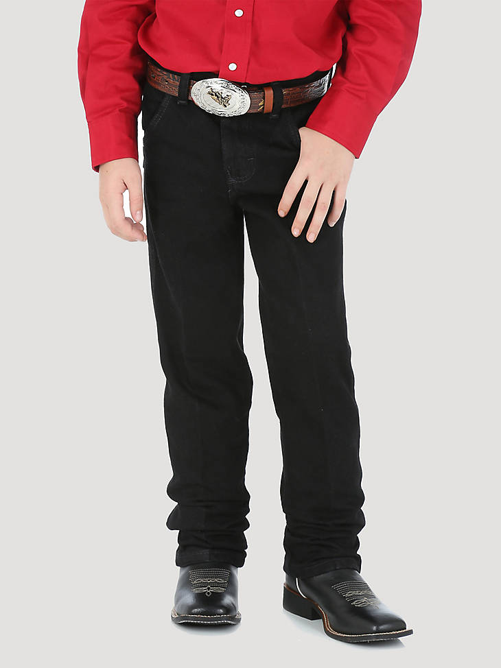Boy’s Wrangler Cowboy Cut Original Fit Jean front view on model in black denim