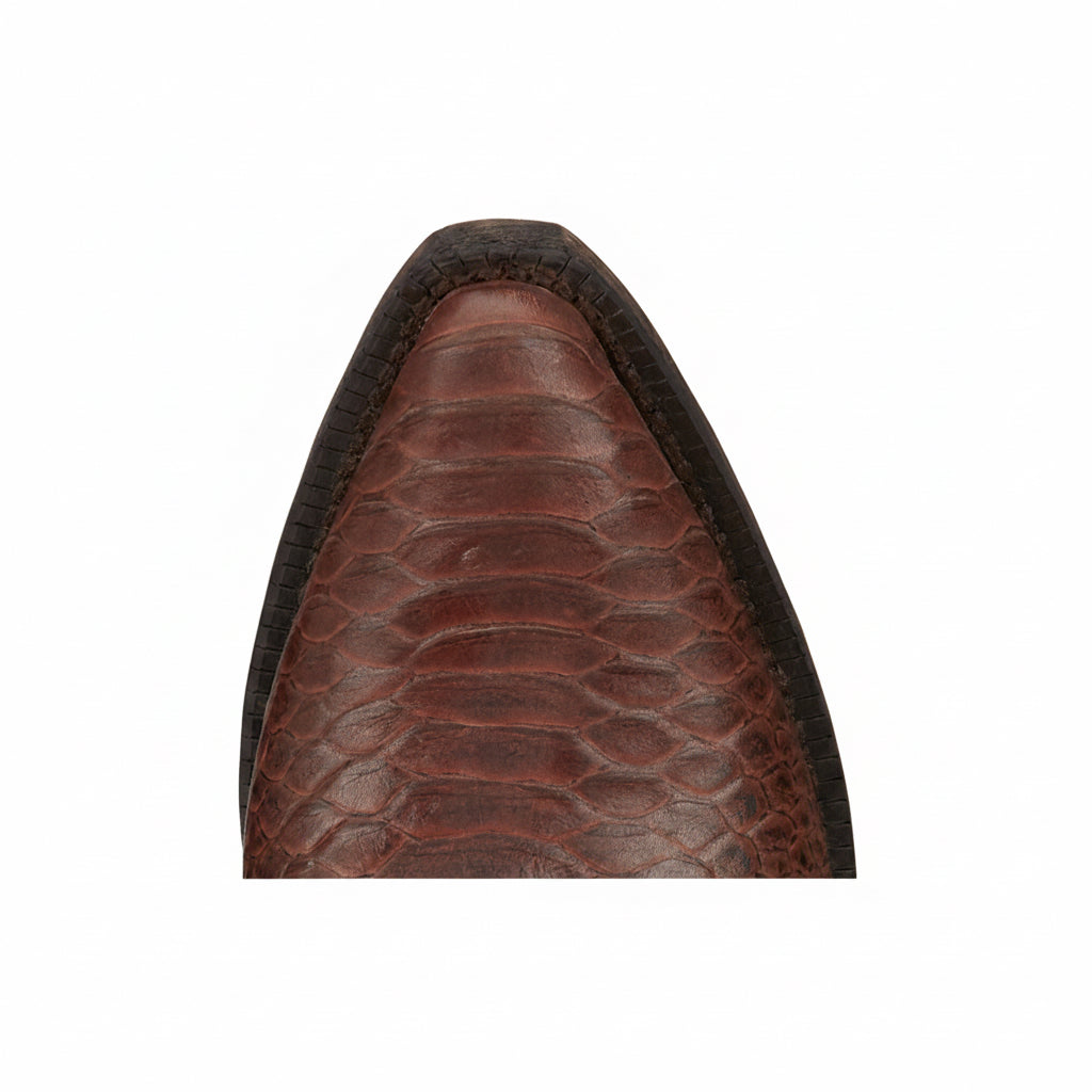 Close-up of the snip toe on Nocona Carlita Cognac Snake Print Snip Toe Boots