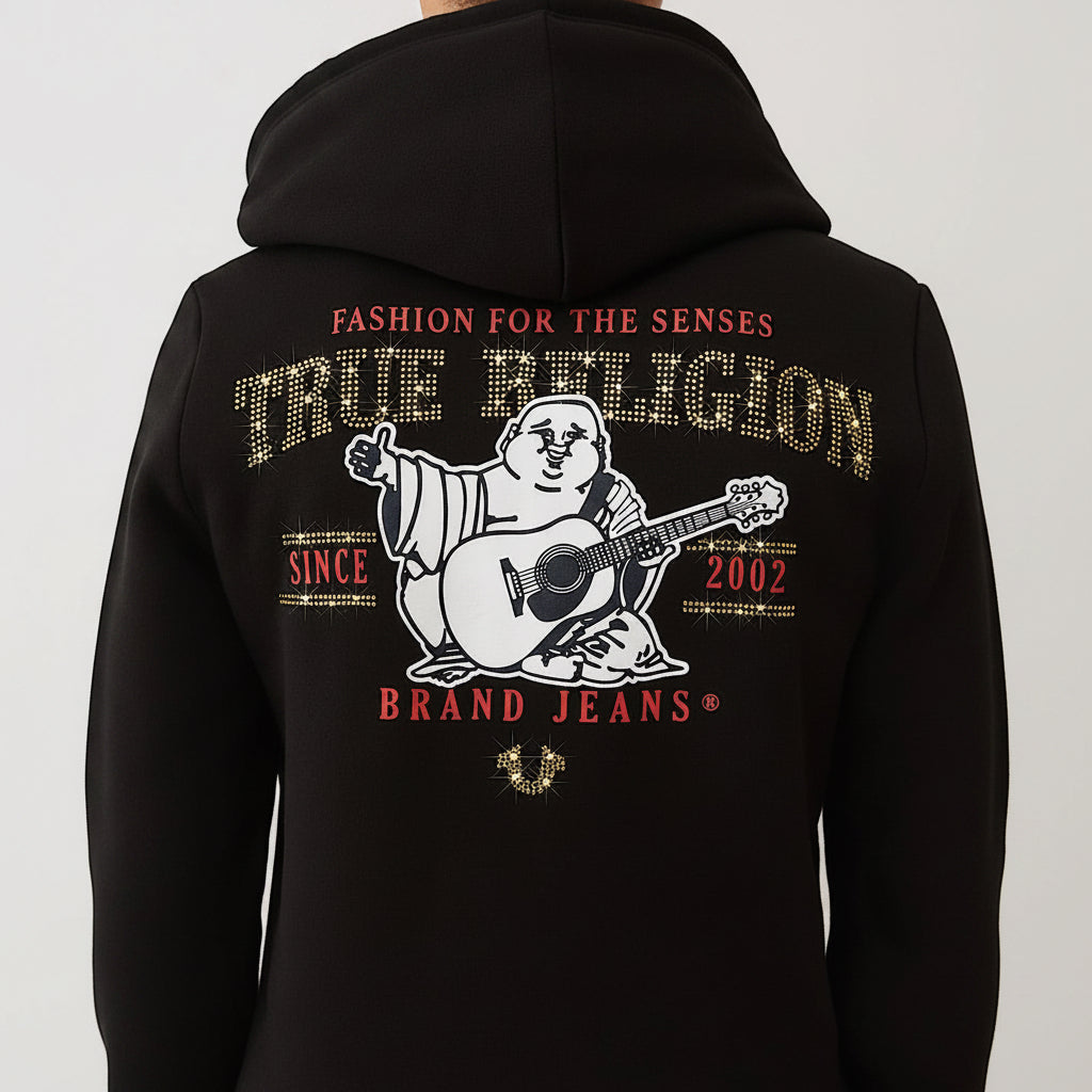 True Religion Crystal Logo Zip Hoodie back view in black with large graphic on the back