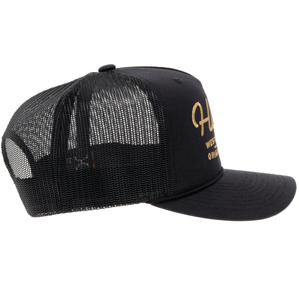 Hooey OG Black Gold Stitching Hat side view with mesh back