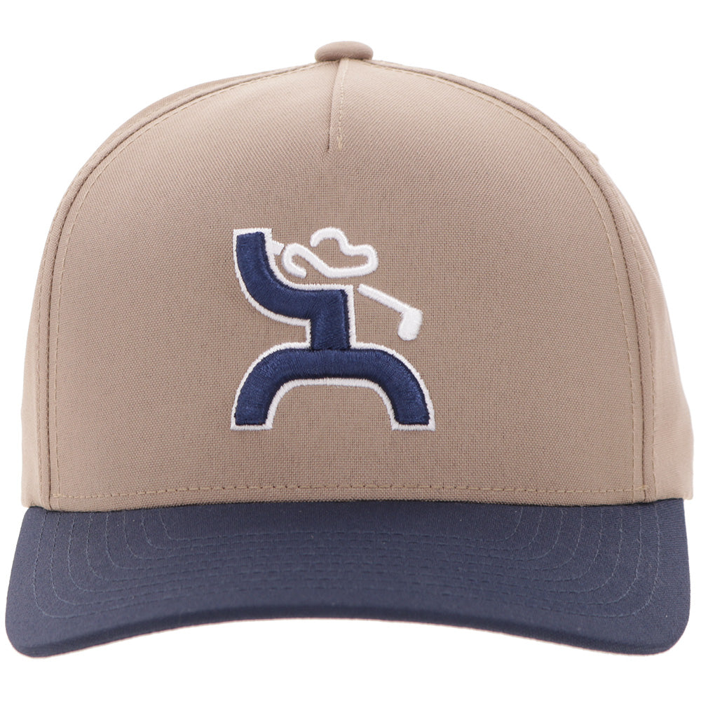 Hooey Classic Tan Blue Golf Logo Hat front view in tan and navy