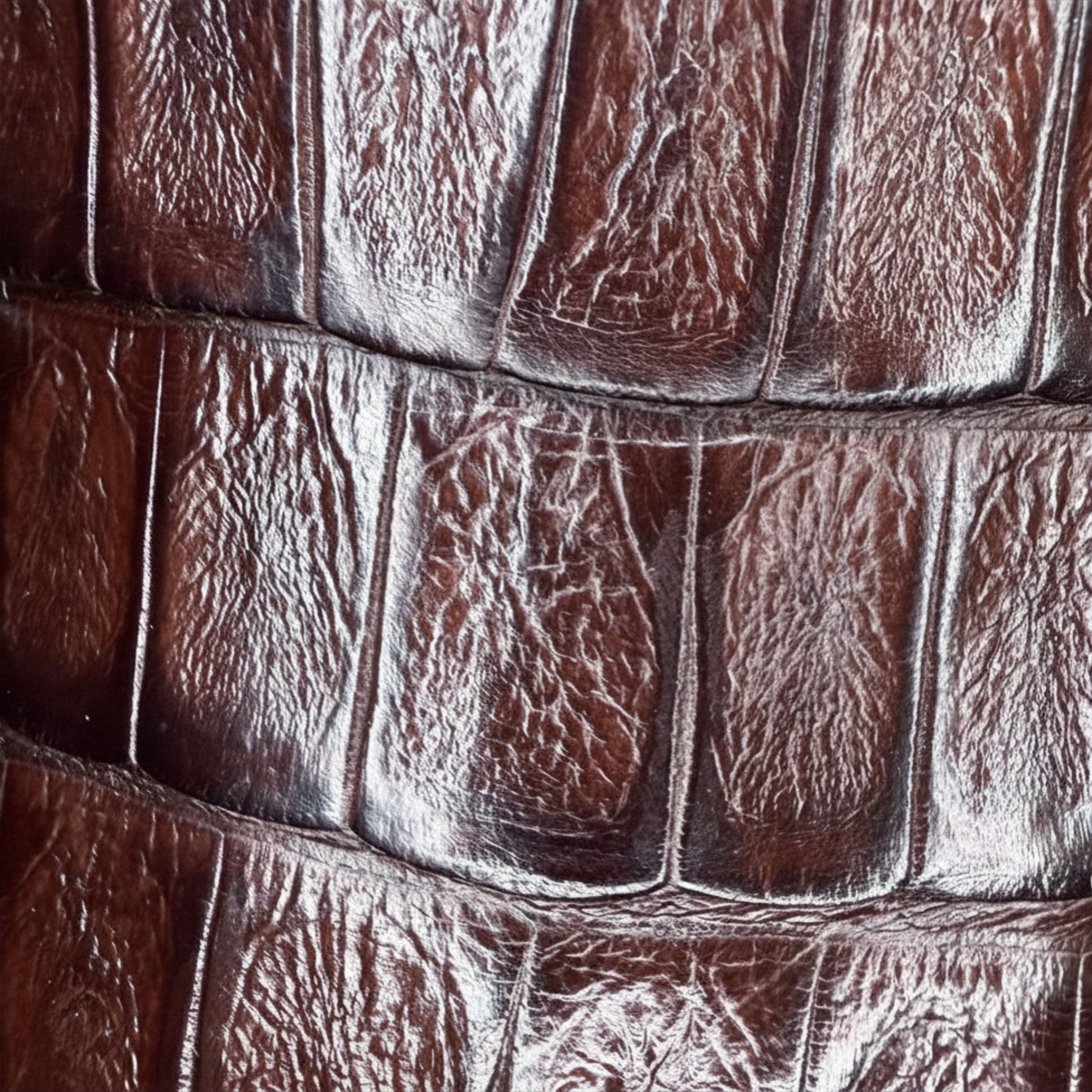 Close-up of side emblem detail on Vestigium Caiman Belly Café Boot