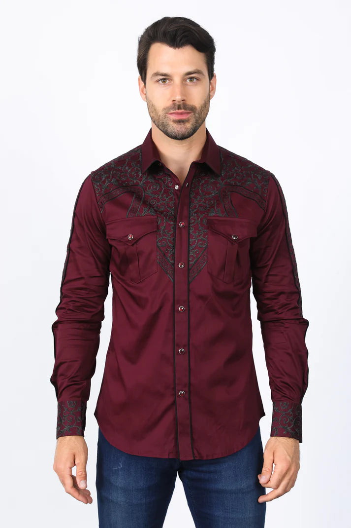 Mens Embroidery Modern Fit Stretch Burgundy Long Sleeve Shirt