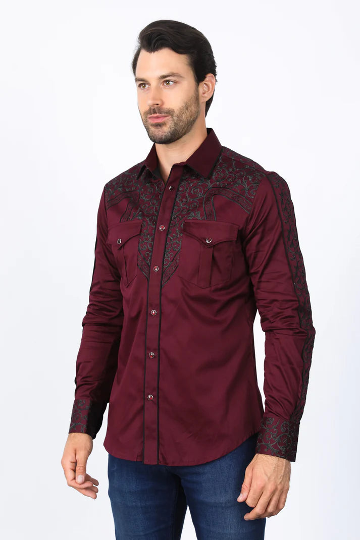 Mens Embroidery Modern Fit Stretch Burgundy Long Sleeve Shirt