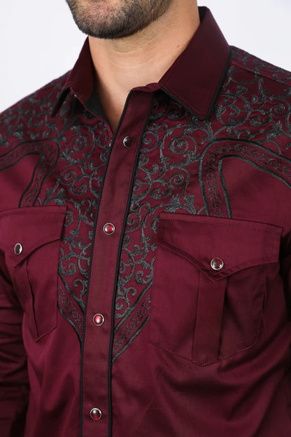 Mens Embroidery Modern Fit Stretch Burgundy Long Sleeve Shirt