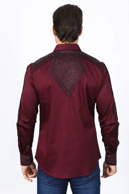 Mens Embroidery Modern Fit Stretch Burgundy Long Sleeve Shirt