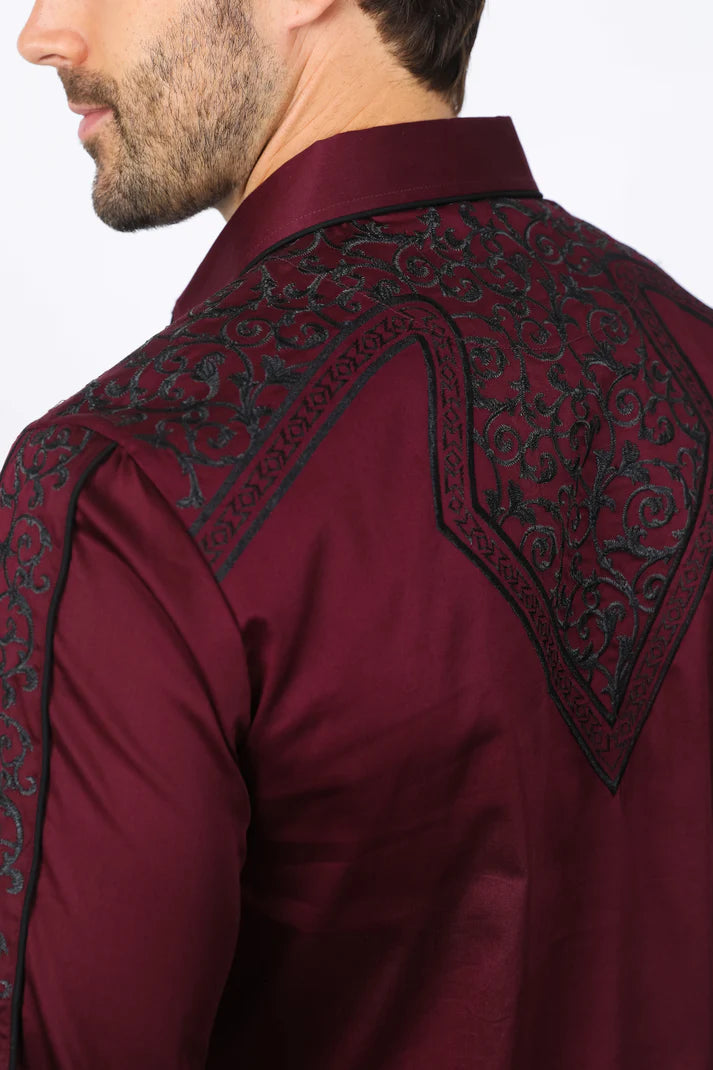 Mens Embroidery Modern Fit Stretch Burgundy Long Sleeve Shirt