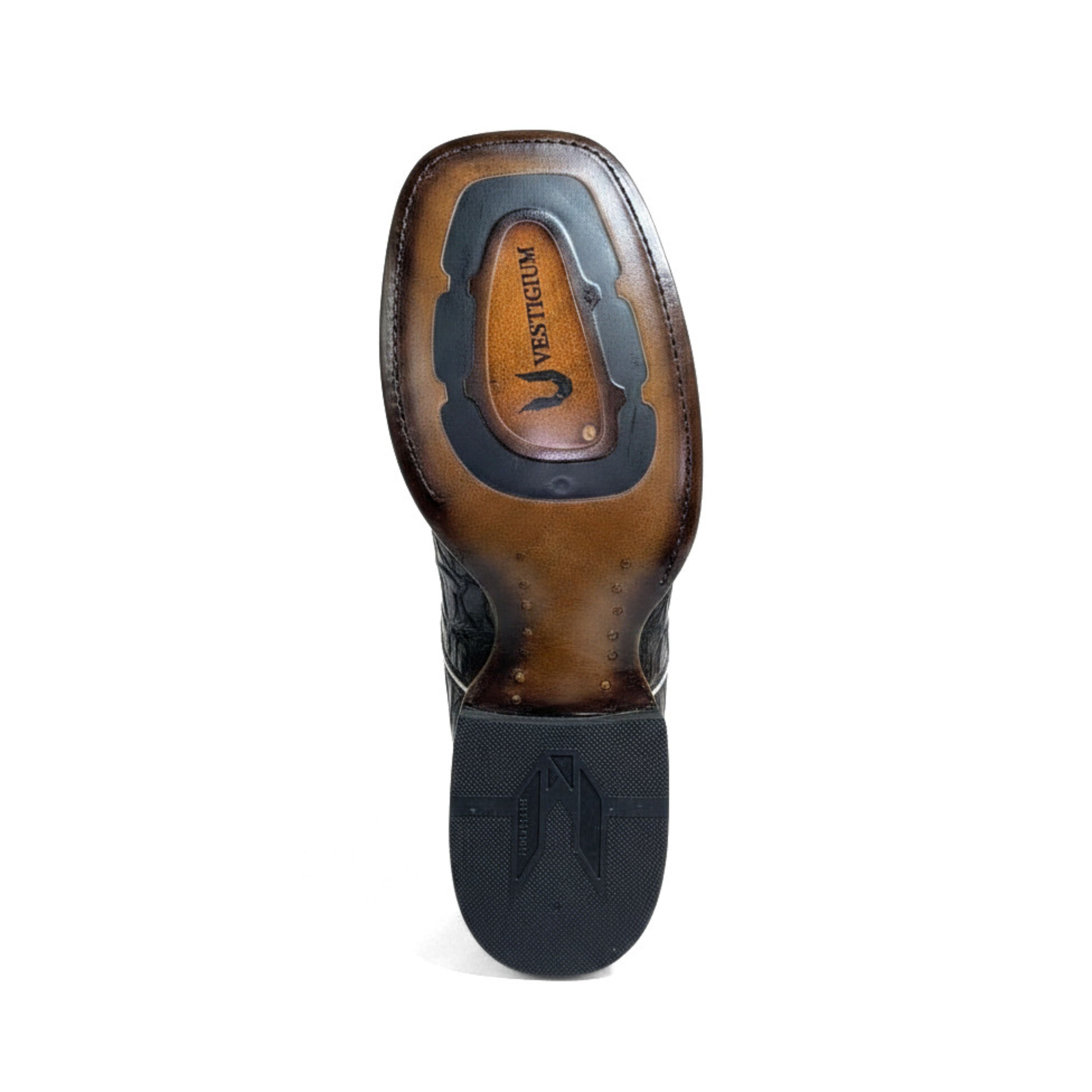 Outsole view of Vestigium Black Caiman Belly Boot