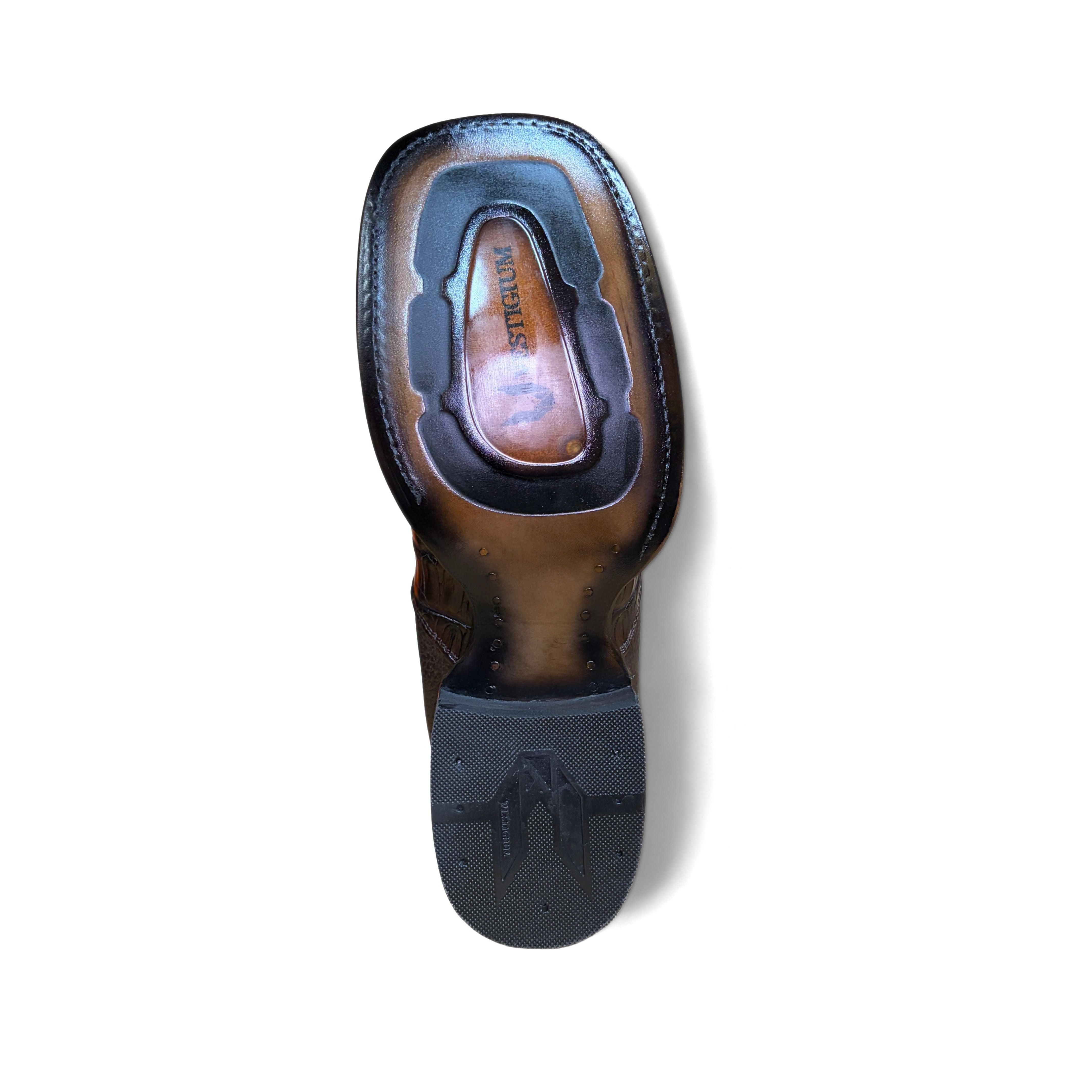 Outsole view of Vestigium Caiman Belly Café Boot