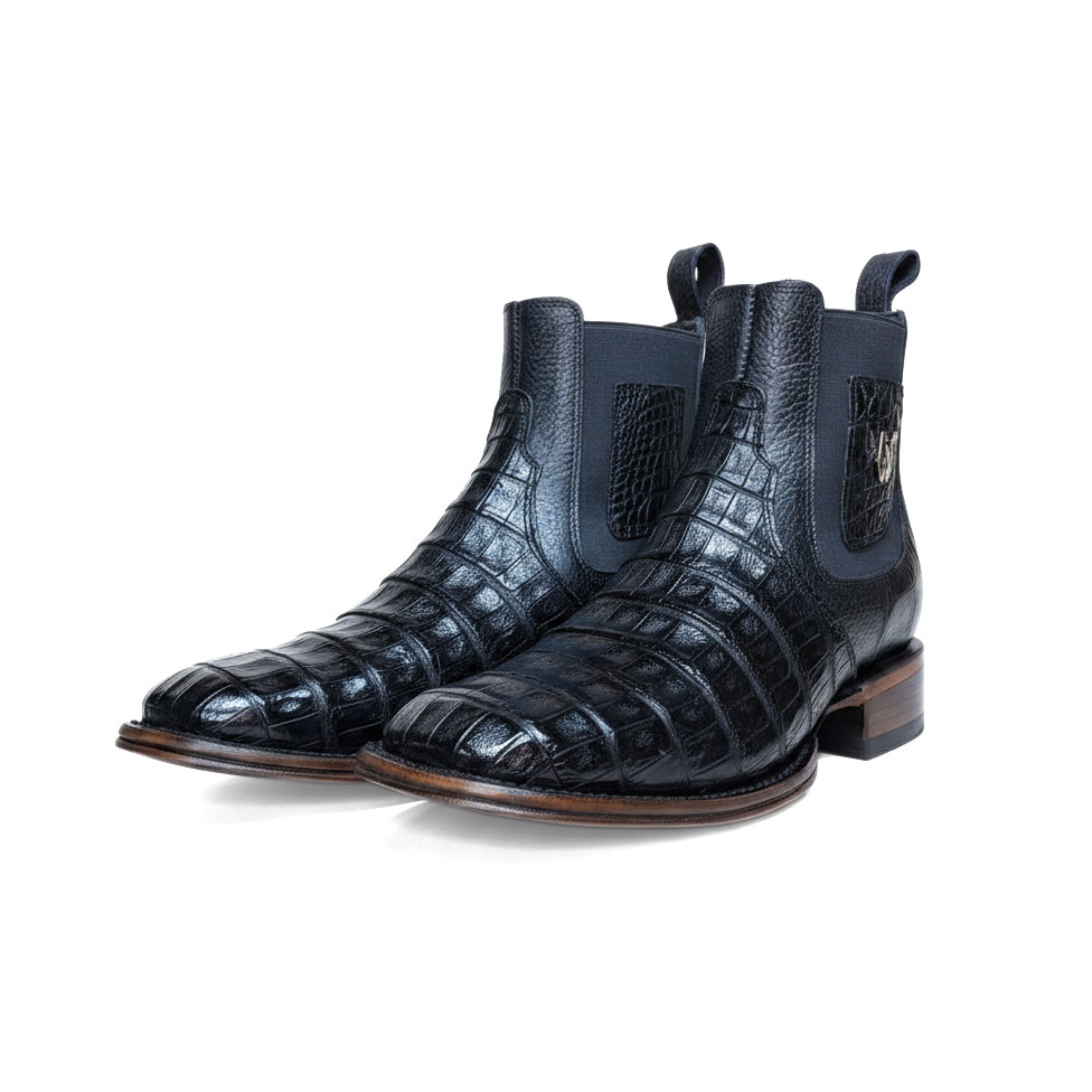 Pair of Vestigium Black Caiman Belly Boots in black exotic leather