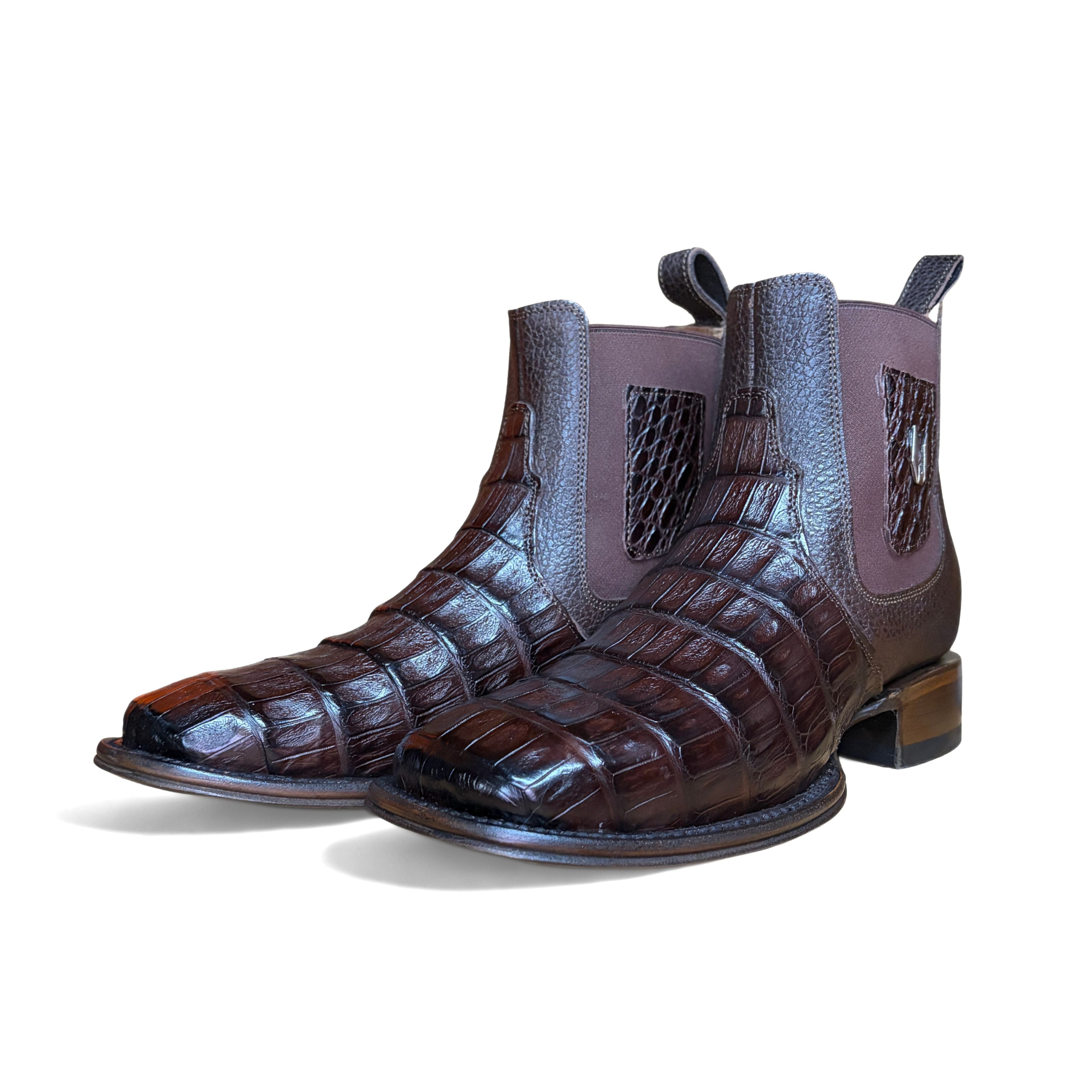 Pair of Vestigium Caiman Belly Café Boots in café brown exotic leather