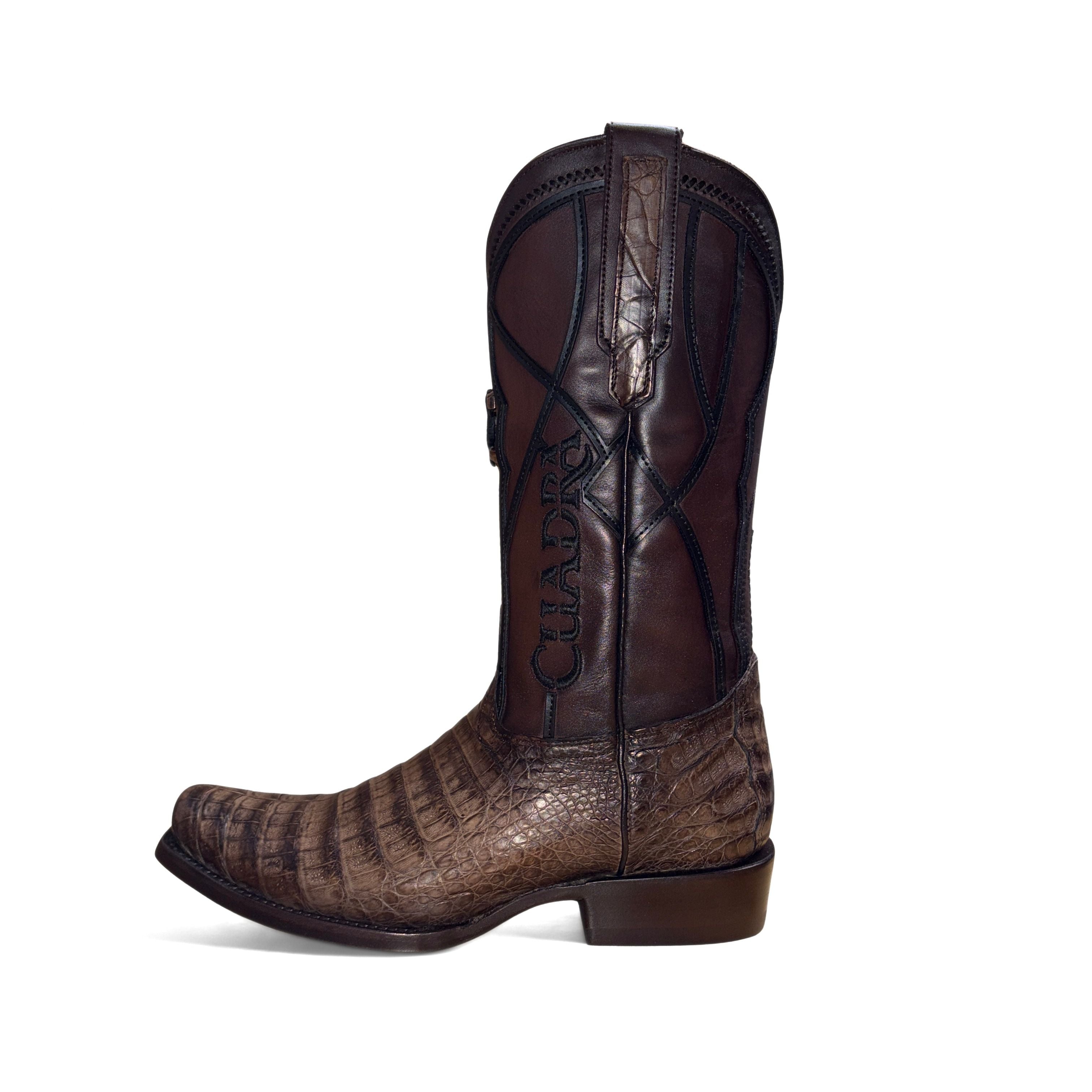 Cuadra Men’s Brown Caiman Embroidery and Woven Narrow Square Toe Boot side view in brown leather