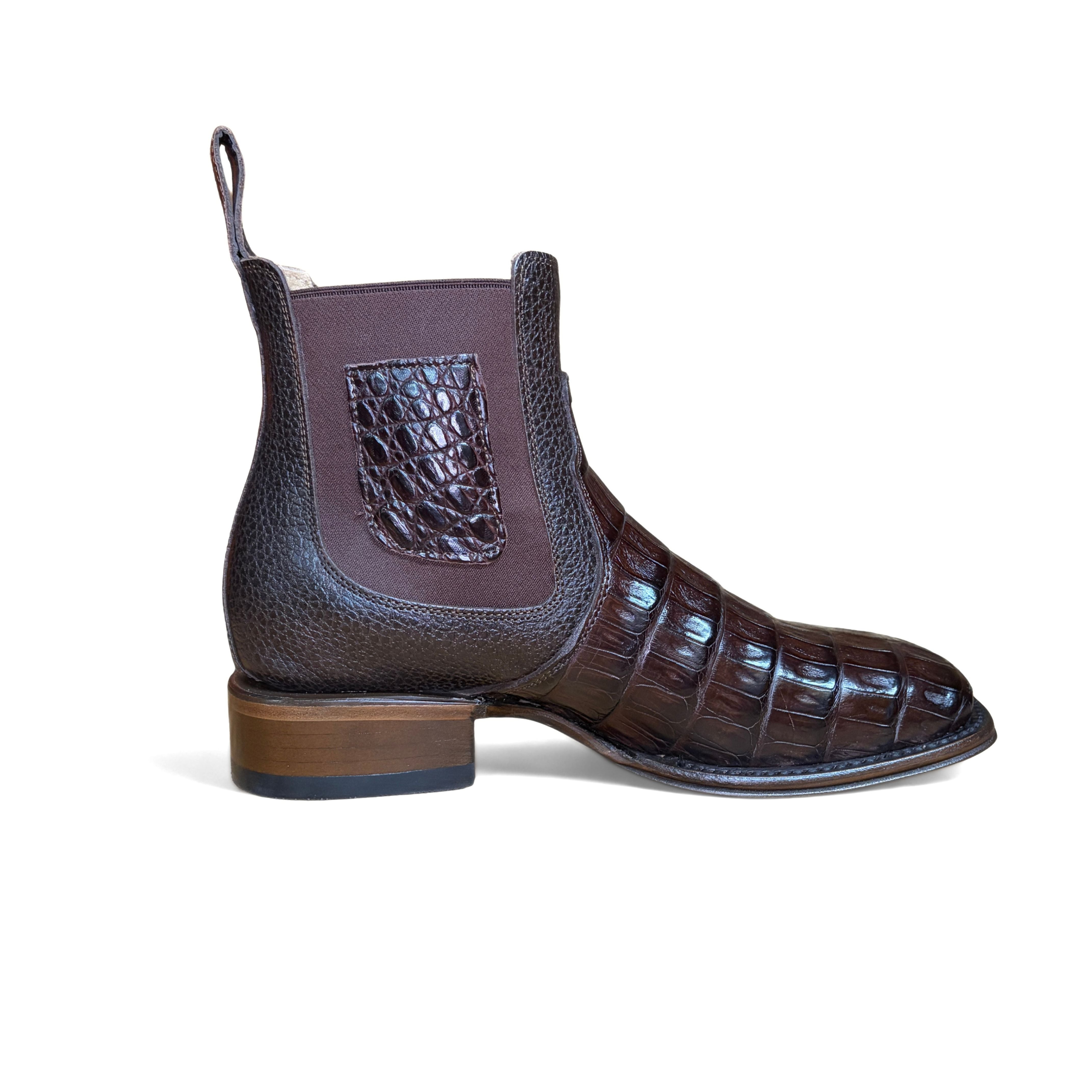 Vestigium Caiman Belly Café Boot opposite side view in café brown exotic leather