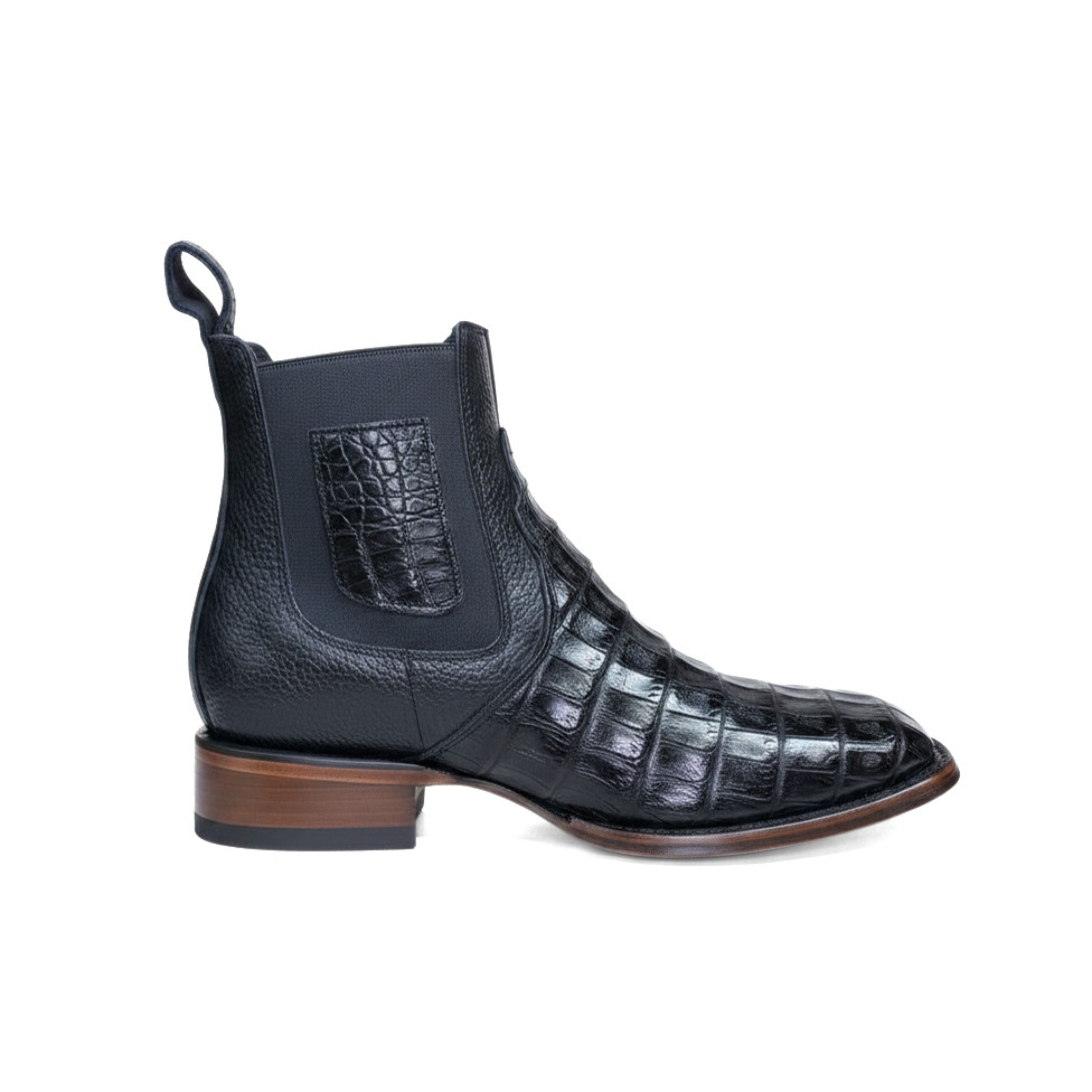 Vestigium Black Caiman Belly Boot opposite side view in black exotic leather