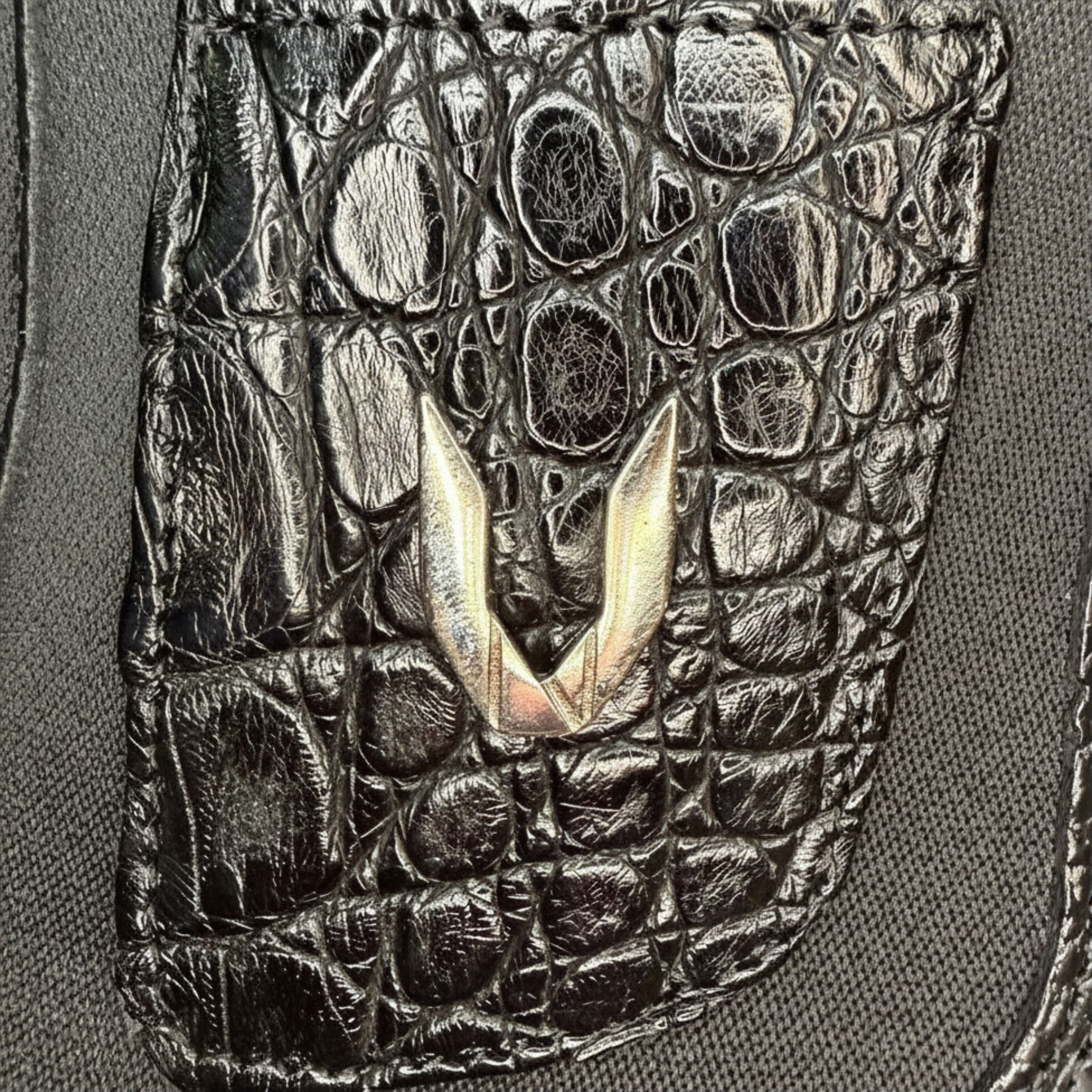 Close-up of black caiman belly leather texture on Vestigium Black Caiman Belly Boot