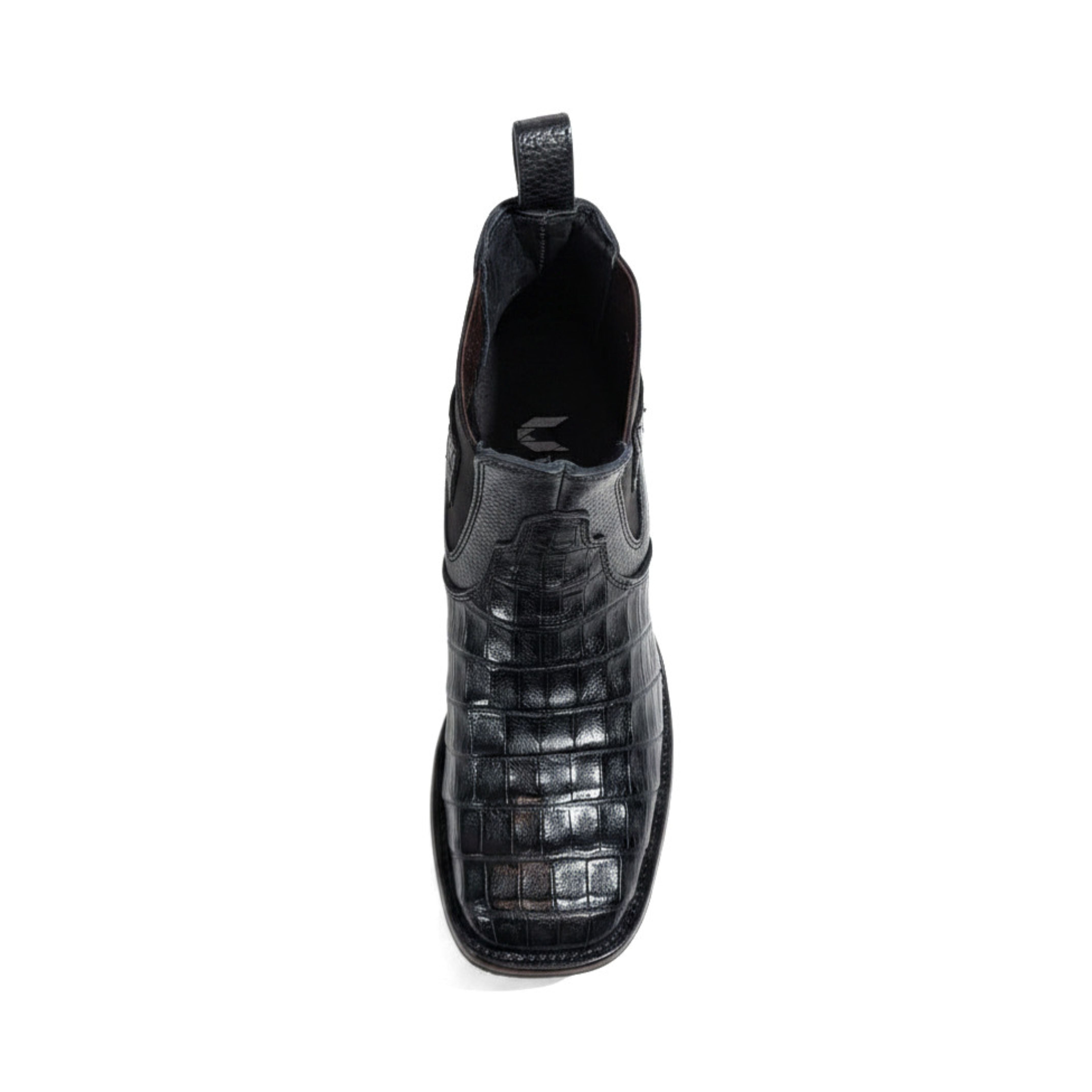 Vestigium Black Caiman Belly Boot top view with pull tabs