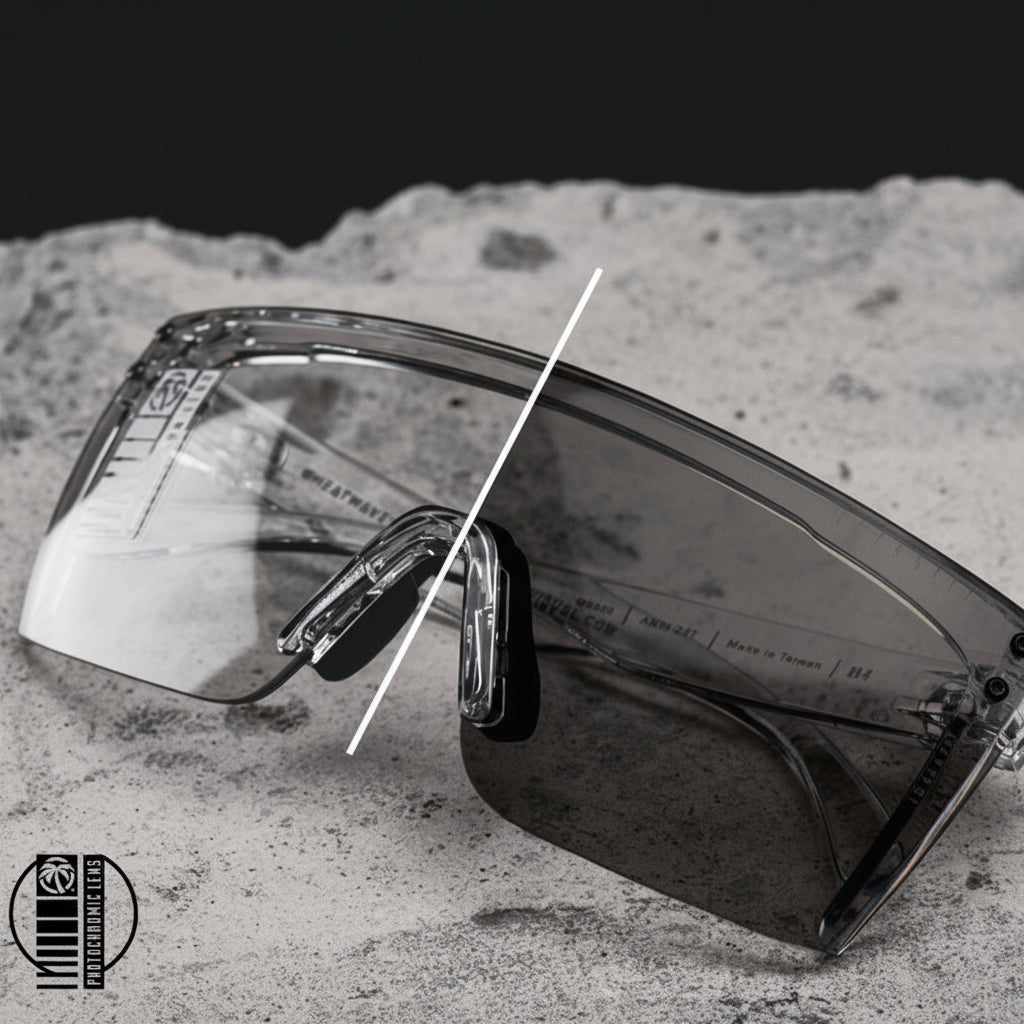 Heat Wave Lazer Face Glasses with photochromic lens shown in clear frame and dark lens