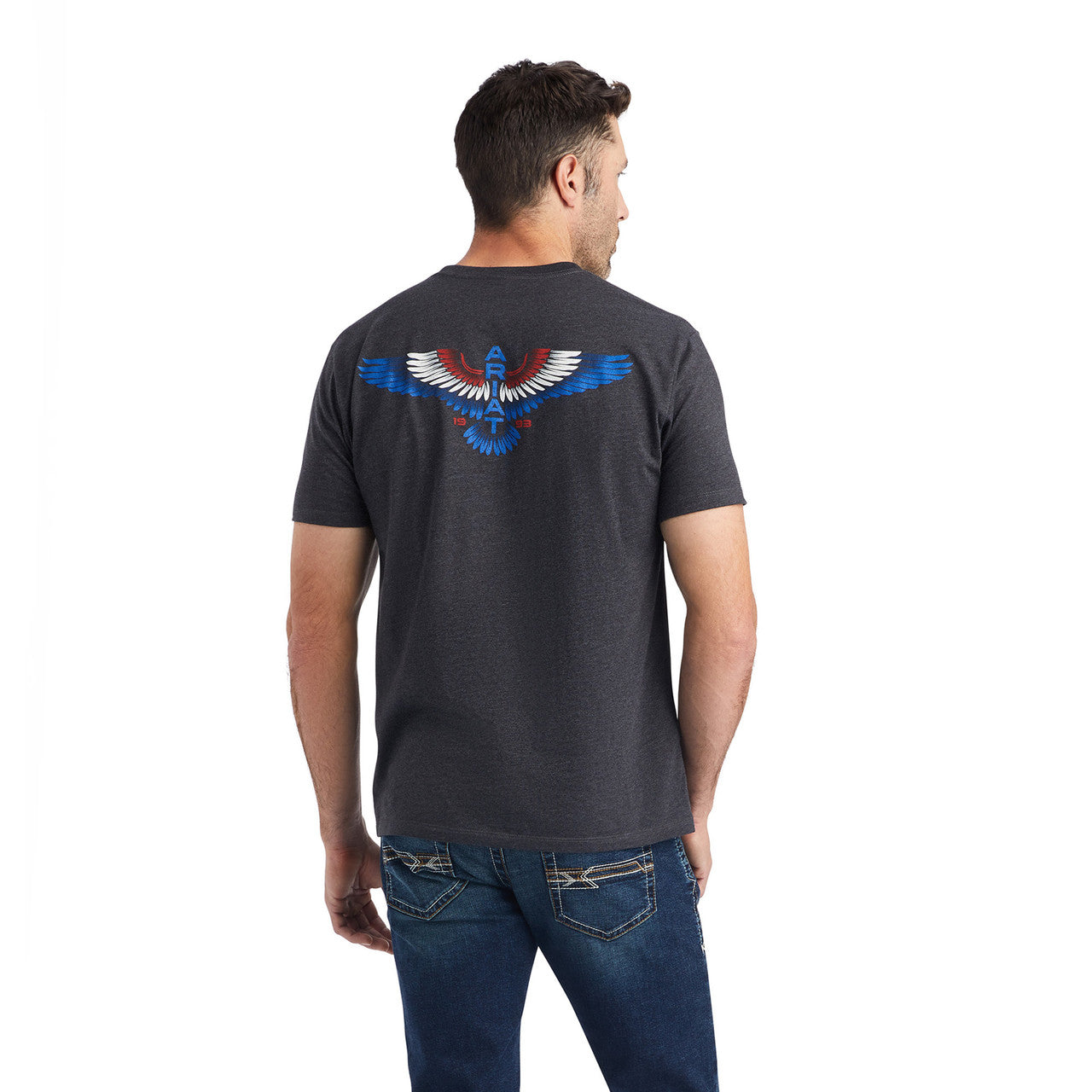 Back view of Ariat Wingspan T-Shirt on model in charcoal heather gray
