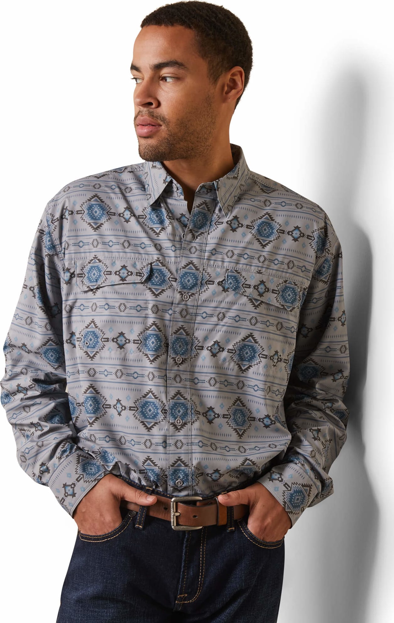 Ariat Men's VentTEK Outbound Rich Taupe with Steel Blue and Chocolate Aztec Print Classic Fit Long Sleeve Shirt